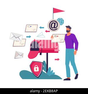 Business mailing and Email marketing concept with man getting messages on his inbox by electronic, flat vector illustration isolated on white backgrou Stock Vector
