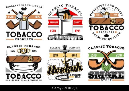 Cigars, cigarettes and premium quality tobacco factory or company labels. Vector icons of smoking pipes store, hookah and shisha lounge bar sign, vint Stock Vector