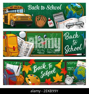 Back to school lettering on green blackboard, stationery tools and 1st September symbols. Vector school bus and baseball glove, PT lesson equipment. M Stock Vector