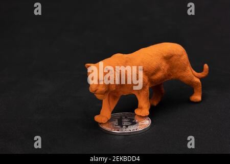 International electronic stock market and financial concept: An orange toy tiger standing on a silver shiny bitcoin on black surface with copy space. Stock Photo