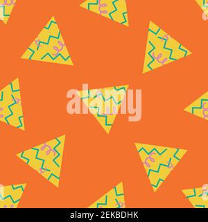 Memphis style triangle abstract vector seamless pattern background. Orange yellow backdrop with textured triangles.Hand drawn iconic art shapes. Funky Stock Vector