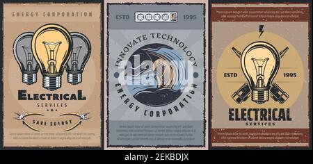 Energy production and electricity power generation vintage posters. Vector electrical service tools lamp light bulb, electric wire cutter and voltage Stock Vector