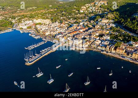 Spain, Balearic Islands, Andratx, Helicopter view of coastal town in summer Stock Photo