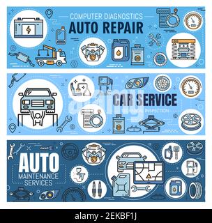 Auto repair, car diagnostic and maintenance service vector banners with thin line vehicle spare parts. Motor oil, wheel tire and battery, engine, span Stock Vector