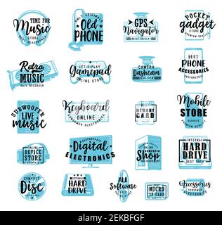 Digital gadgets, multimedia electronic devices store sketch lettering. Vector calligraphy phone, music earphones or hard drive disk, memory flash, mic Stock Vector