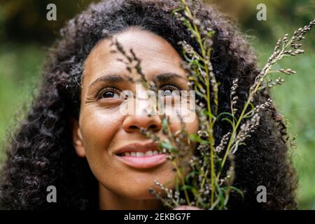 Smiling woman holding plant while standing in forest Stock Photo