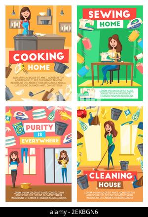 Home cleaning, housewife cooking and sewing service. Vector house laundry, dishwashing or floor mopping and clean kitchen service, professional housek Stock Vector