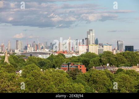 UK, England, London, City skyline seen from Primrose Hill park Stock Photo