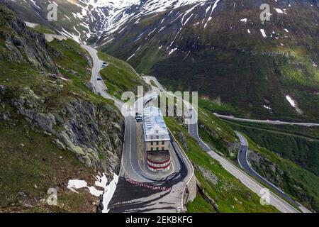 Switzerland, Valais, Rhone glacier, Aerial view of mountain hotel Stock Photo