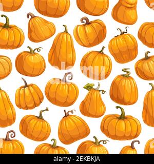 Pumpkin vegetable seamless pattern background with vector orange gourds and autumn squashes, green leaves and vines. Fresh vegetarian food, farm veggi Stock Vector