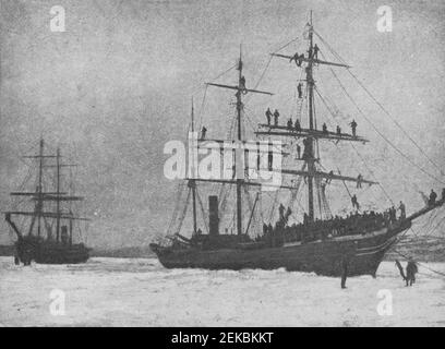 Early 20th century photo of sealing or seal hunting ships stuck in the ice on the coast of Newfoundland Canada Stock Photo