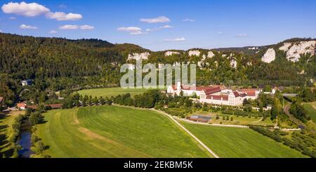 Germany, Baden Wuerttemberg, Swabian Alb, Upper Danube Nature Park, Upper Danube Valley, Aerial view of Beuron Archabbey Stock Photo