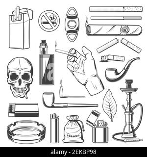 Cigars, cigarettes and premium quality tobacco products, smoking accessories. Vector skull with cigarette and stop smoking sign, vape tobacco cartridg Stock Vector