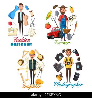 Construction engineer, farmer, photographer and fashion designer vector icons of profession design. Tailor, gardener, architect and cameraman cartoon Stock Vector