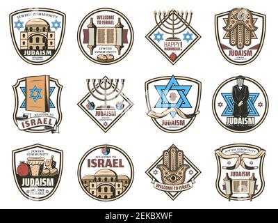 Israel traditional Jewish symbols, Judaism religion icons. Vector emblem of Israel synagogue and Rabbi priest, Hannukah Menorah candles and Shofar hor Stock Vector