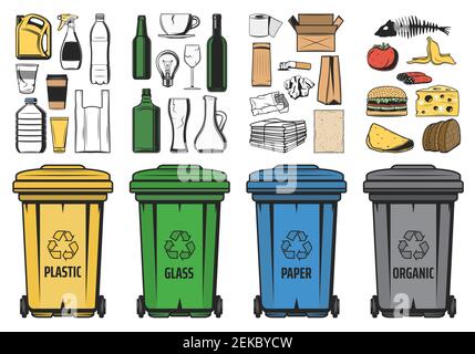 Waste sorting for recycling vector design. Sorted recycle bins with organic garbage, plastic, paper and glass trash, food, bottles, cardboard boxes an Stock Vector