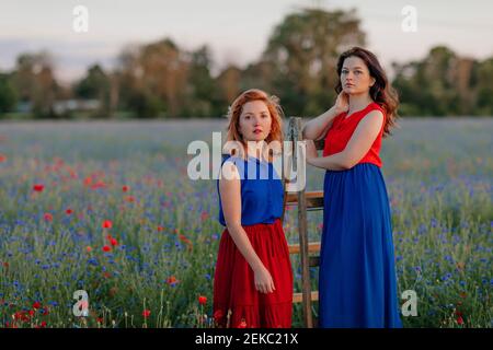 Woman with hand in hair standing on ladder by female friend in poppy field Stock Photo