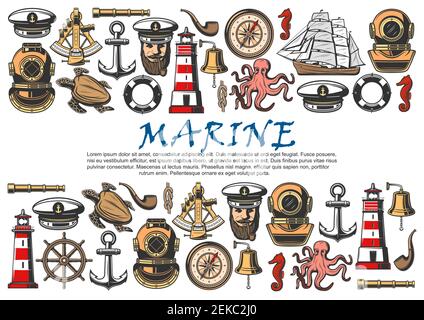 Marine ship, nautical anchor, helm and vintage compass vector banner. Sailing boat, sea captain and retro diver helmet, lighthouse, spyglass and lifeb Stock Vector