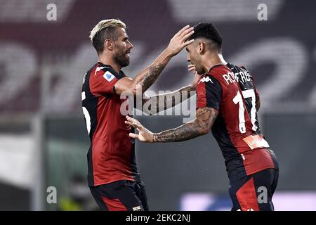 Genoa, Italy - 02 August, 2020: Cristian Romero (C) of Genoa CFC celebrates  after scoring a goal during the Serie A football match between Genoa CFC  and Hellas Verona. Genoa CFC won