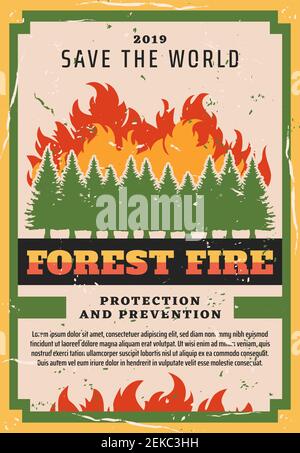 Forest fire fighting, nature protection social warning vintage grunge poster. Vector natural disaster and wildfire prevention of fire burning trees in Stock Vector