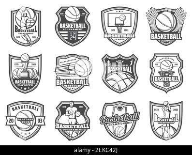 Basketball vector badges with sport game balls, team players and winner trophy cup, basket board with hoop and score, uniform jersey and wings on retr Stock Vector