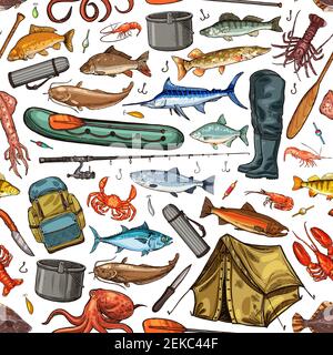 Fishing sport seamless pattern background with vector fish, fisherman tackle and tourist equipment. Fishing rod, boat and hook, blue marlin, salmon an Stock Vector
