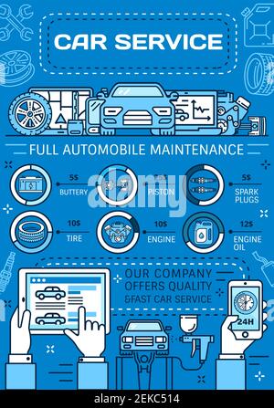 Car service poster of auto repair, vehicle diagnostics and maintenance. Vector thin line motor oil, engine spare parts and wheel tire, piston, spark p Stock Vector