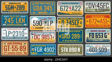USA vehicle registration plates with state and city symbols. Vector American car number plates of Minnesota, Nevada and Maryland, Rhode Island or Memp Stock Vector