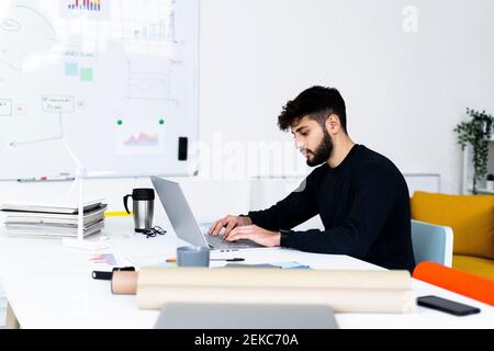 Young businessman using laptop in creative office Stock Photo