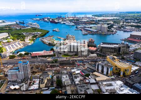 Cityscape by ocean at Port Louis, Mauritius Stock Photo