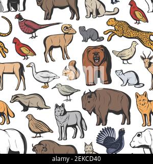 Hunting animals and birds seamless pattern background. Vector bear, wolf and african jaguar, buffalo, bull and lynx, fox, bison and goose, quail, phea Stock Vector