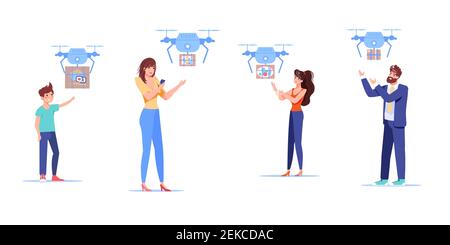 Flat cartoon characters receiving online buys,drone delivery service vector illustration set Stock Vector