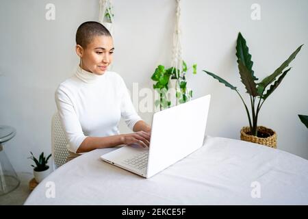 Smiling young female entrepreneur using laptop while working at home Stock Photo