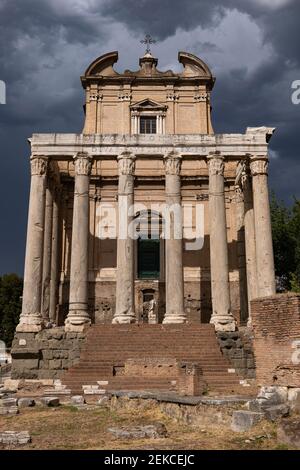 Rome, Italy, Roman Forum, Temple of Antoninus and Faustina and San Lorenzo in Miranda Church Stock Photo