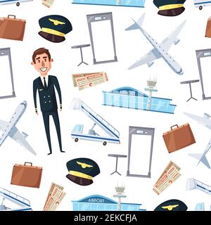 Pilot, plane and airport vector seamless pattern. Airline crew captain with airplanes, aviation hats or caps, air transport tickets, security gates an Stock Vector