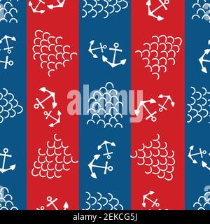 Anchors and abstract waves vector seamless pattern background. Scribbled wavy lines and boat tools blue white and red stripes backdrop. Striped marine Stock Vector