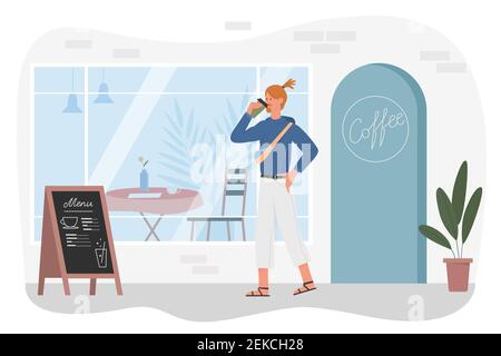 Man drinking takeaway coffee flat vector illustration. Cartoon young male hipster character standing next to coffeehouse, coffee shop or cafe, guy holding cup of hot drink beverage isolated on white Stock Vector