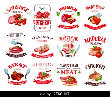 Meat and sausage vector icons of beef steak, pork ham and chicken, salami, bacon and turkey leg, lamb ribs and barbeque frankfurter symbols with spice Stock Vector