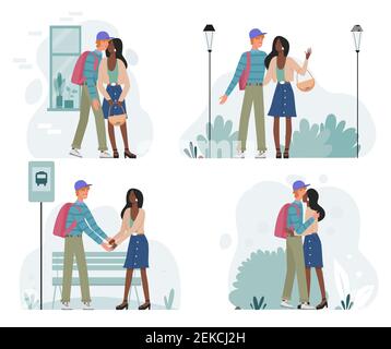 Happy romantic couple walking together on date vector illustration set. Cartoon young man woman characters dating, lovers meet kiss greet or say goodbye. Romance relationship love isolated on white Stock Vector