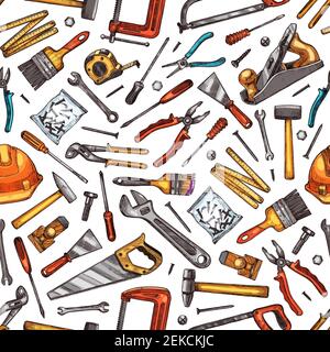 Hand tools seamless pattern background of house repair, construction and carpentry work vector design. Hammer, screwdriver and saw, toolbox, wrench an Stock Vector