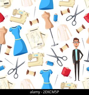 Tailor with sewing tools and equipment seamless pattern background