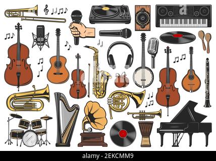 Music vector icons of musical instruments, notes and equipment sketches. Saxophone, piano and guitar, microphones, drums and trumpet, headphones, viol Stock Vector