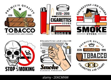 Tobacco vector icons of cigarettes, cigars and skull, lighter, matches and smoking pipe, ashtray, cuban cigar cutter, prohibition sign and smoker hand Stock Vector