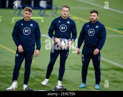 Guinness Six Nations Rugby 23rd February 2021: L to R, ScotlandÕs Chris Harris, Duhan van der Merwe and Rory Sutherland during the Scotland squad training at the Oriam sports centre, Riccarton, Edinburgh, Scotland, UK.     Credit: Ian Rutherford/Alamy Live News. Stock Photo