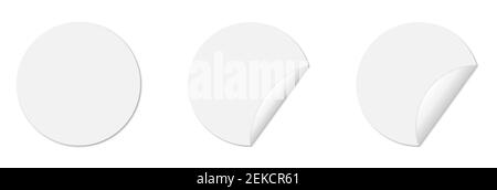 Set of circle adhesive stickers with folded edges and shadow. Empty mockup for any memos. Isolated on white background Stock Vector