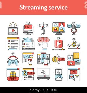 Streaming service line icons set. Isolated vector element. Stock Vector