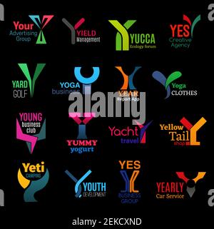 Y icons, corporate identity and company brand name letter symbols. Vector letter Y signs creative advertising agency, yacht travel club or camping, de Stock Vector