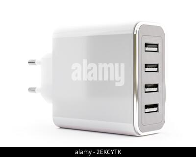 Universal four-port white USB charger shot on white background Stock Photo