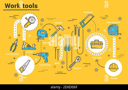 Work tools of house repair, building, construction. Hammer, screwdriver and cutting pliers, toolbox, drill and saw, wrench, helmet and tape measure, h Stock Vector