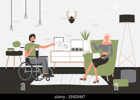 Friends people communication vector illustration. Cartoon disabled man character sitting in wheelchair at home living room interior, talking and communicating with woman, happy friendship background Stock Vector